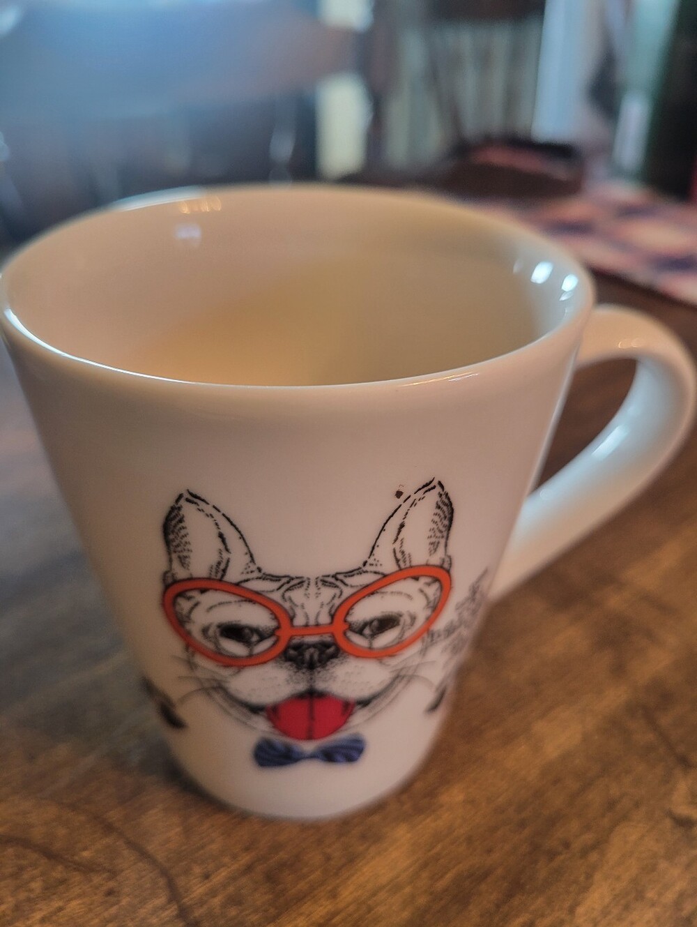 White Ceramic Mug with Playful Dog FRENCH BULLDIG Illustration in Orange Glasses